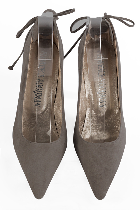 Taupe brown women's dress pumps, with a round neckline. Pointed toe. High slim heel. Top view - Florence KOOIJMAN